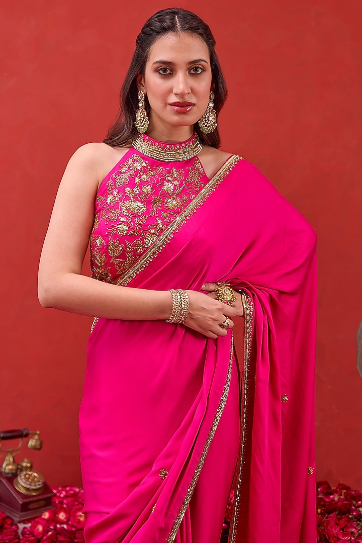 Pink Satin Silk Embellished Wedding Saree Set by TARO at Pernia's Pop Up Shop
