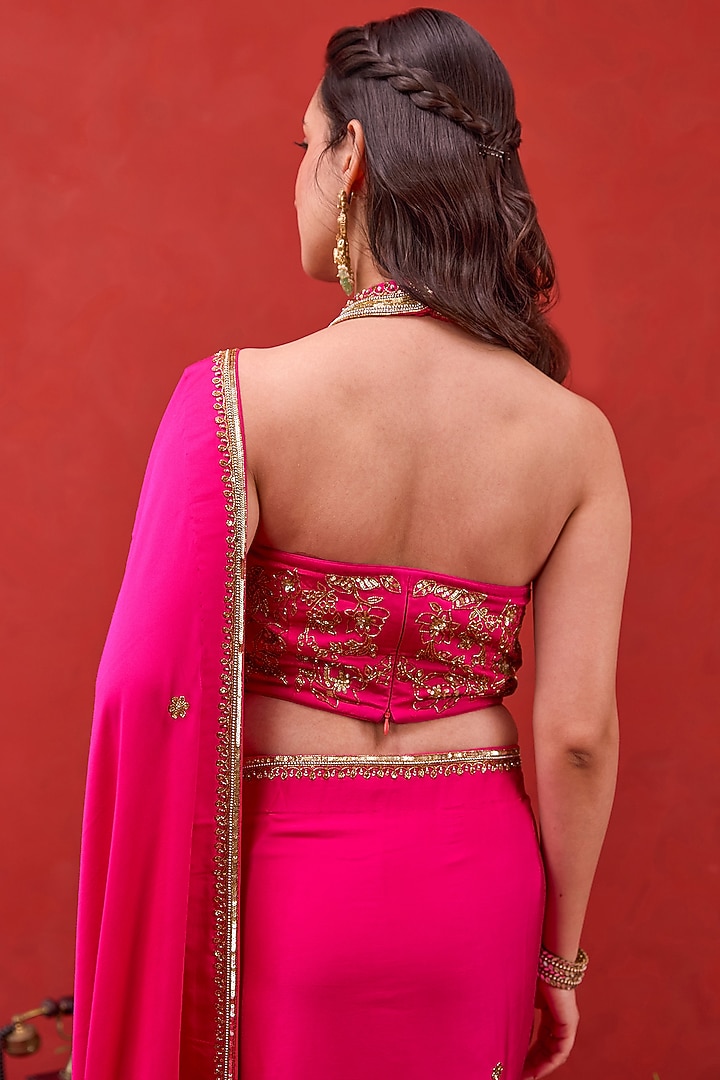 Pink Satin Silk Embellished Wedding Saree Set by TARO at Pernia's Pop Up Shop