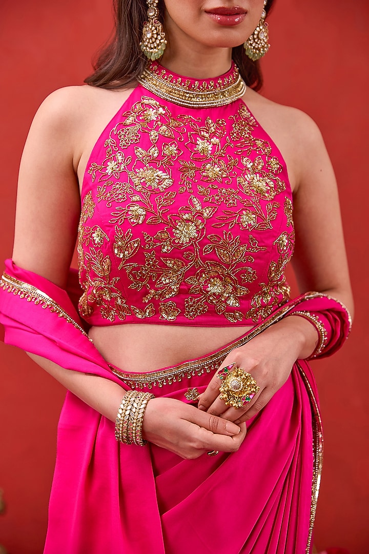 Pink Satin Silk Embellished Wedding Saree Set by TARO at Pernia's Pop Up Shop