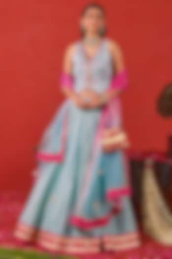 Powder Blue Chanderi Silk Hand Embroidered Wedding Lehenga Set by TARO at Pernia's Pop Up Shop
