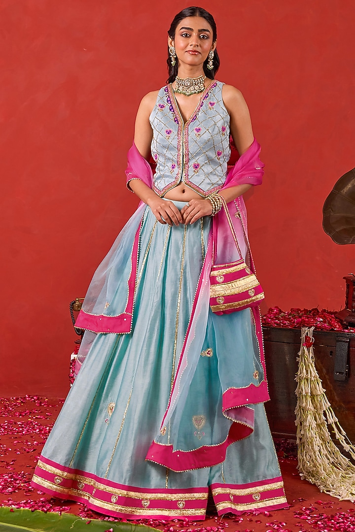 Powder Blue Chanderi Silk Hand Embroidered Wedding Lehenga Set by TARO at Pernia's Pop Up Shop