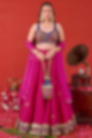 Fuchsia Pink Chiffon Thread Embroidered Flared Wedding Lehenga Set by TARO at Pernia's Pop Up Shop