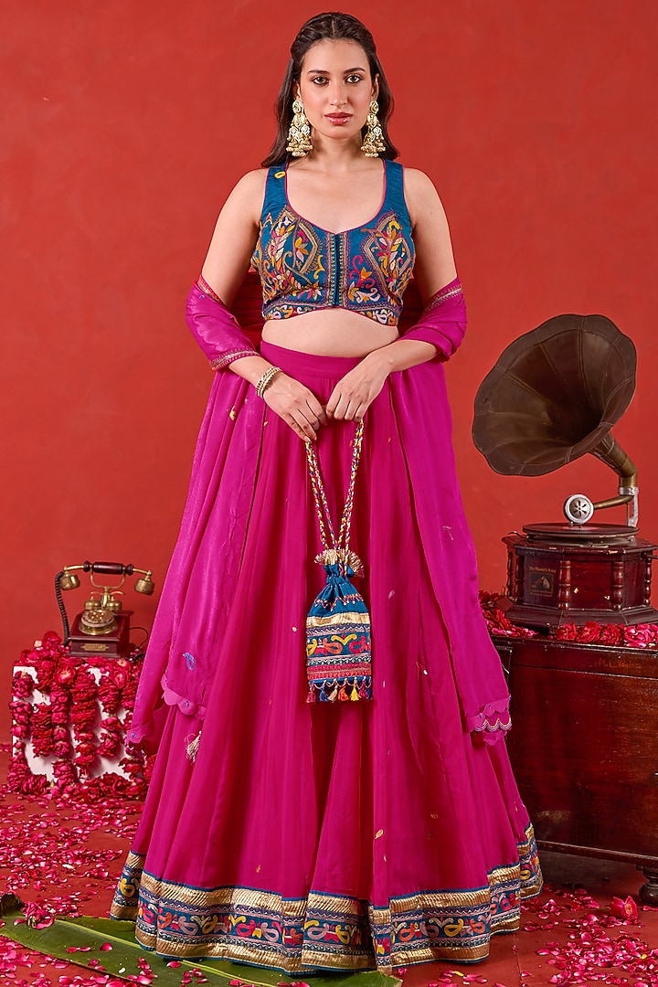 Fuchsia Pink Chiffon Thread Embroidered Flared Wedding Lehenga Set by TARO at Pernia's Pop Up Shop