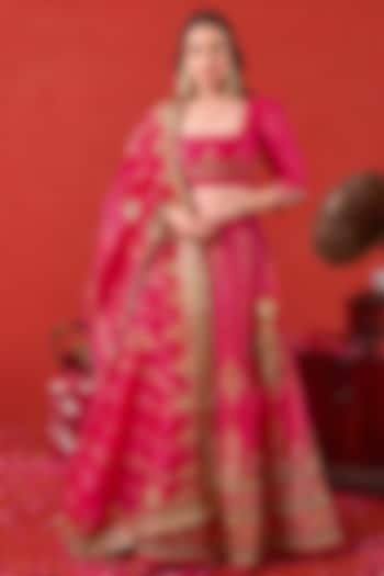 Pink Tissue Silk Zari Embroidered Flared Bridal Lehenga Set by TARO at Pernia's Pop Up Shop