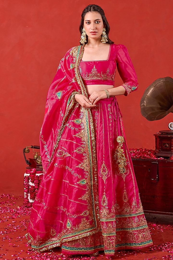 Pink Tissue Silk Zari Embroidered Flared Bridal Lehenga Set by TARO at Pernia's Pop Up Shop