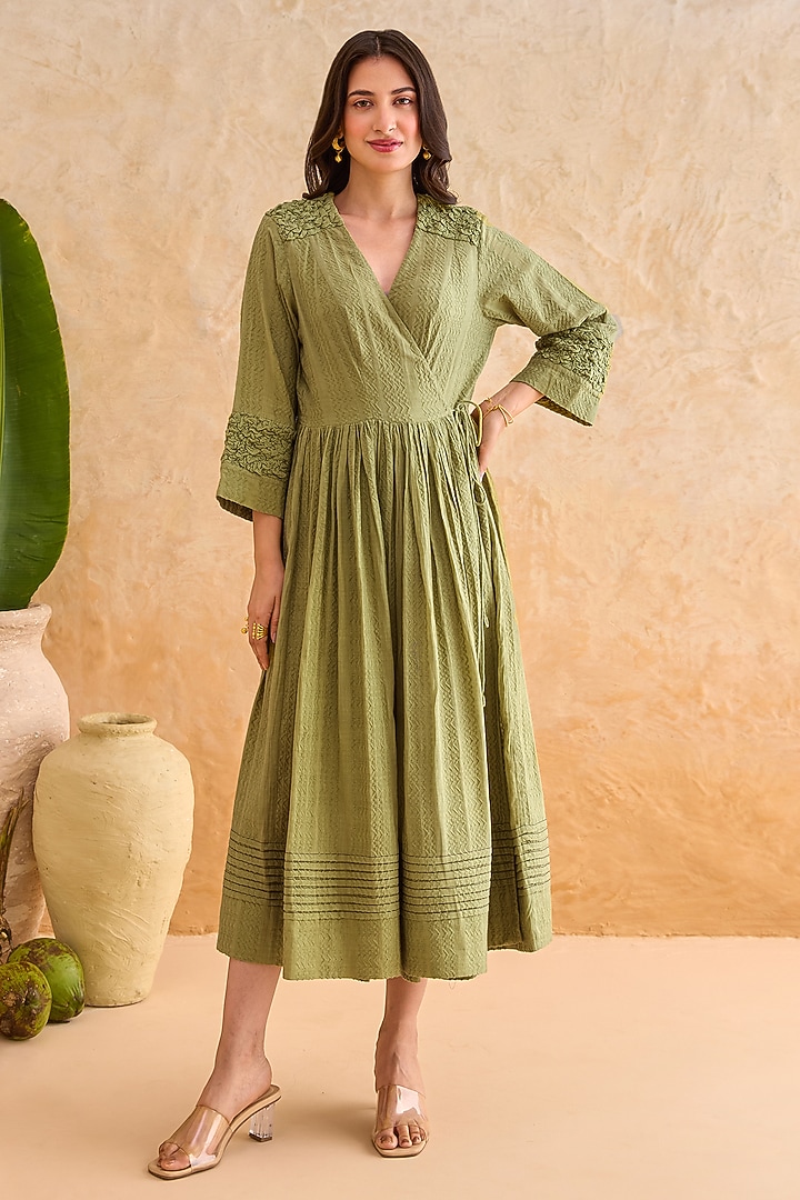 Mossy Green Self-Textured Cotton 3D Lattice Angrakha Midi Summer Dress by TARO at Pernia's Pop Up Shop