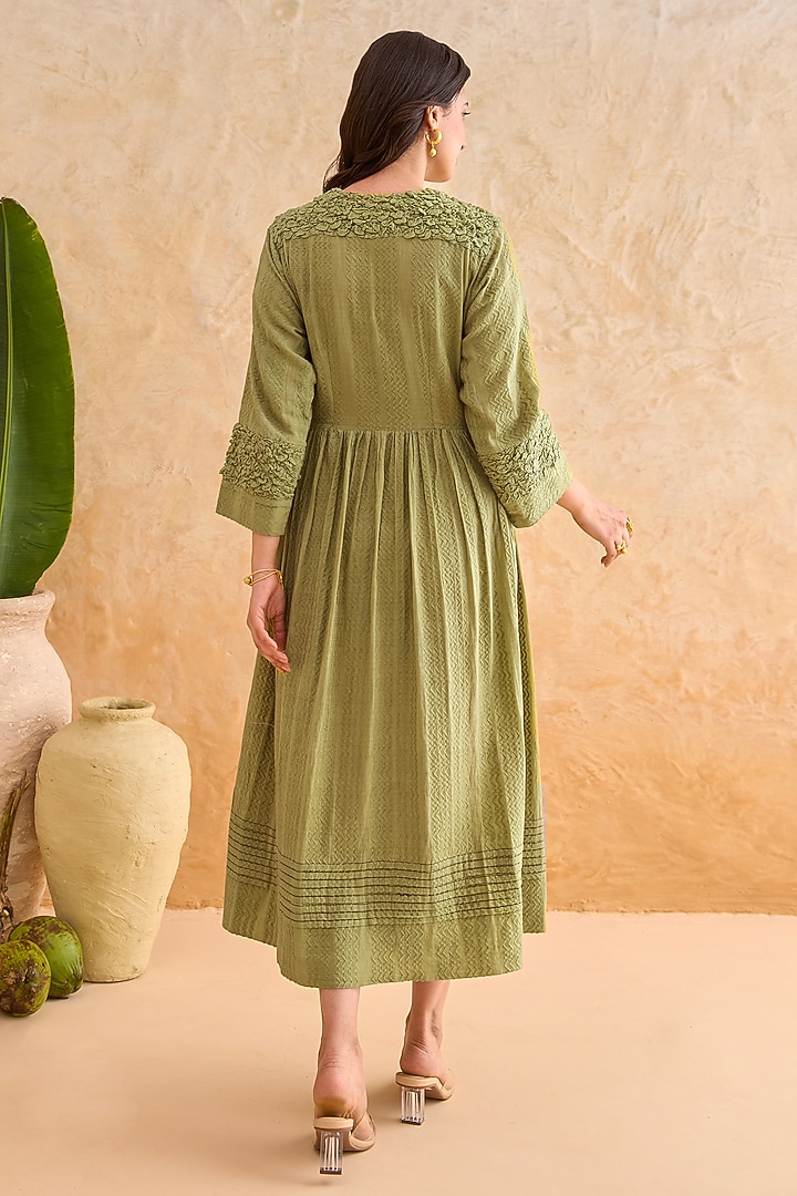Mossy Green Self-Textured Cotton 3D Lattice Angrakha Midi Summer Dress by TARO at Pernia's Pop Up Shop