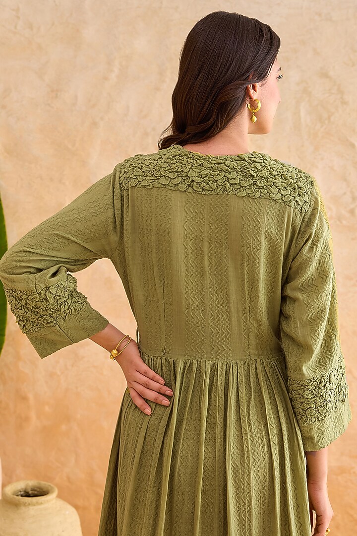 Mossy Green Self-Textured Cotton 3D Lattice Angrakha Midi Summer Dress by TARO at Pernia's Pop Up Shop