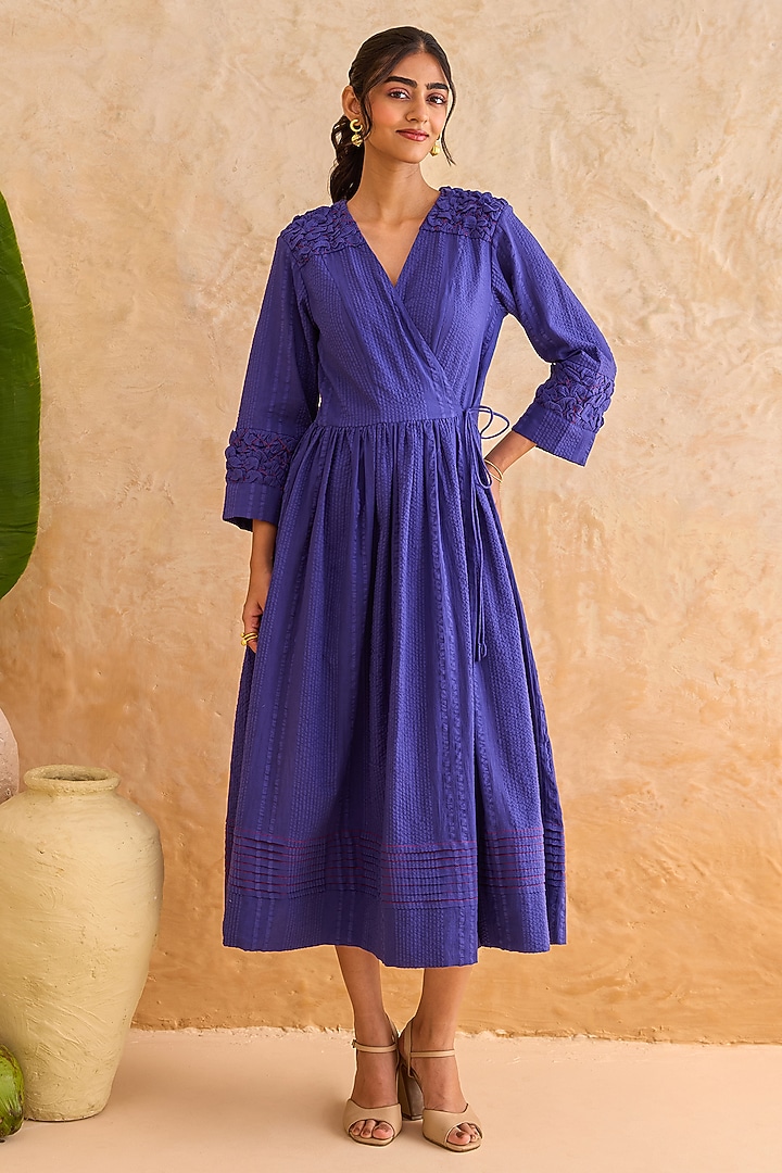 Indigo Blue Self-Textured Cotton 3D Lattice Midi Summer Dress by TARO at Pernia's Pop Up Shop