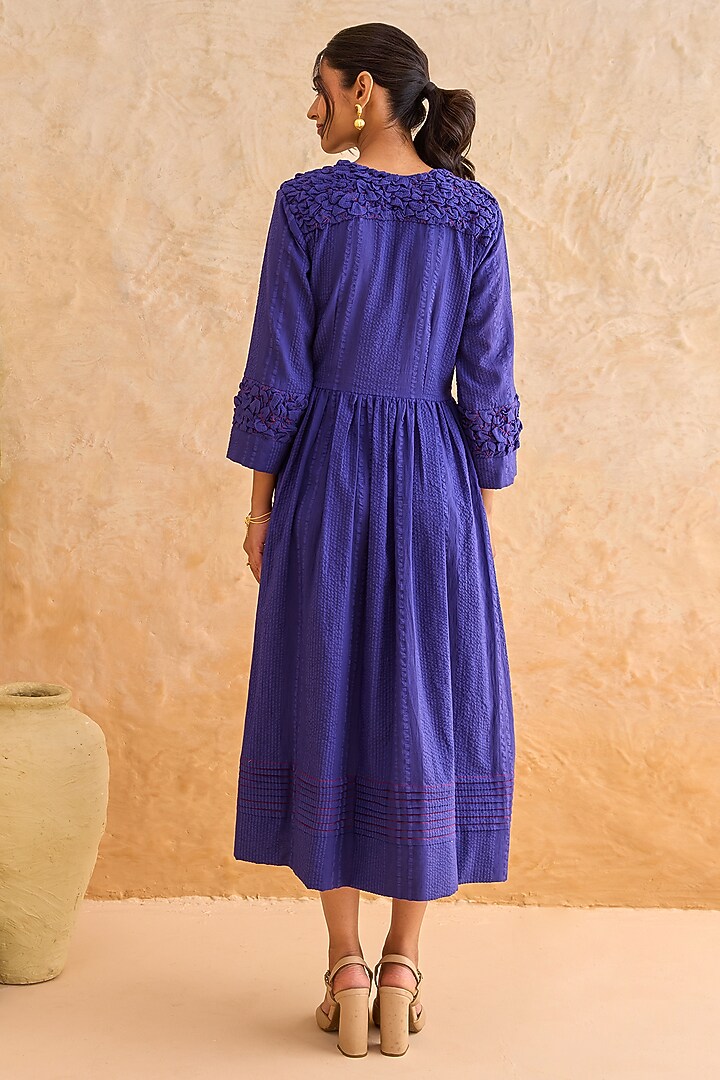 Indigo Blue Self-Textured Cotton 3D Lattice Midi Summer Dress by TARO at Pernia's Pop Up Shop