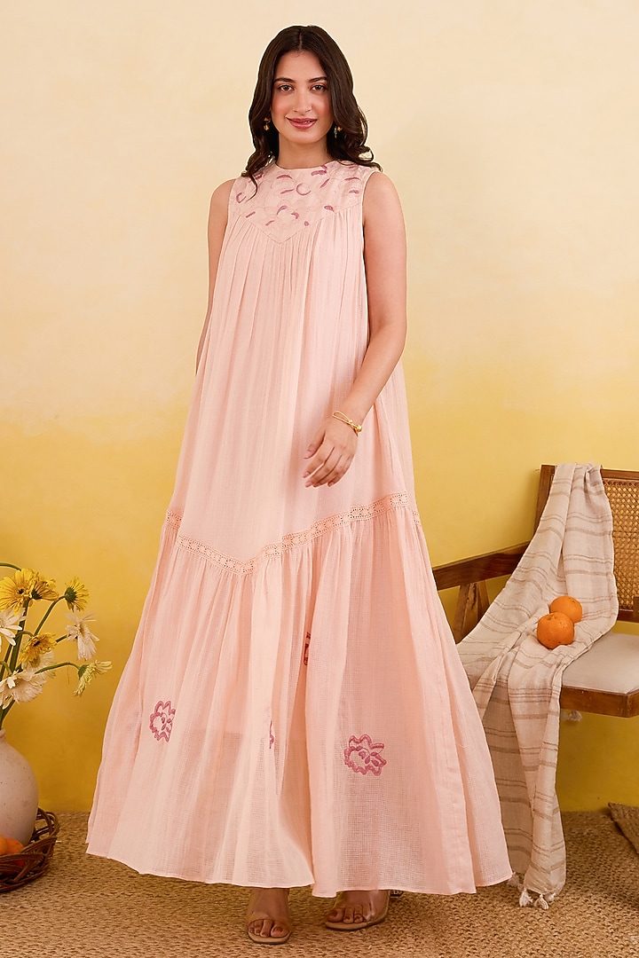 Apricot Self-Textured Cotton Floral Embroidered Maxi Summer Dress by TARO at Pernia's Pop Up Shop