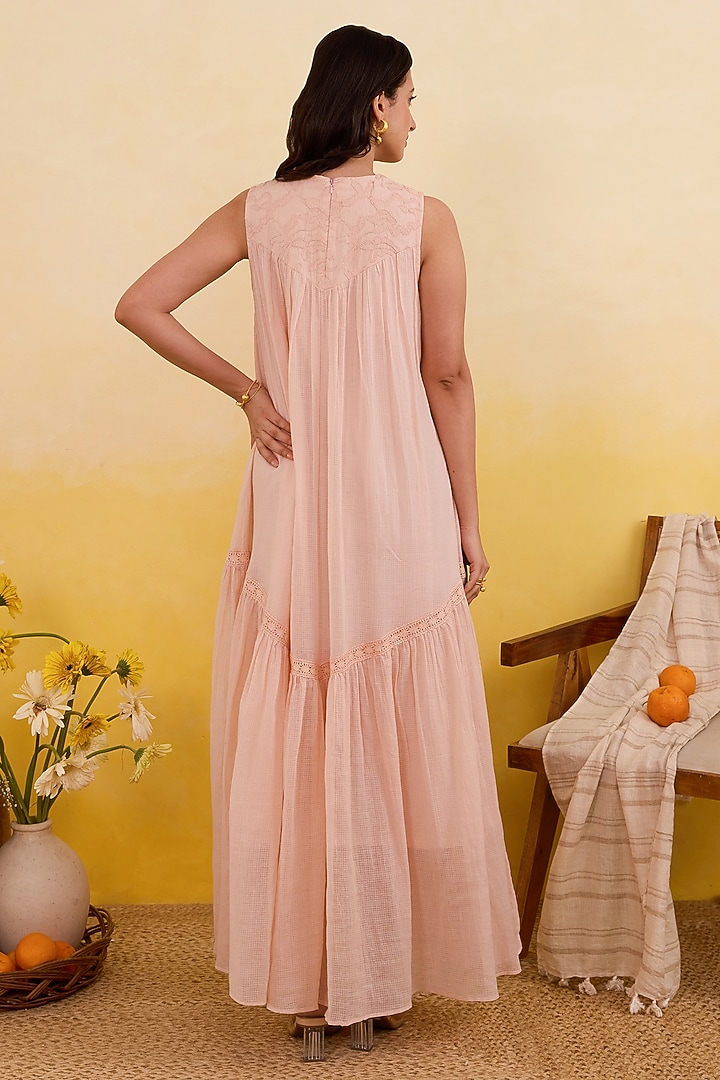 Apricot Self-Textured Cotton Floral Embroidered Maxi Summer Dress by TARO at Pernia's Pop Up Shop
