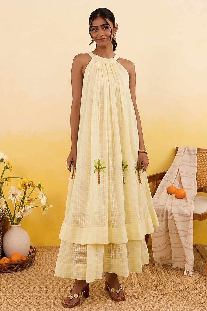Soft Yellow Self-Textured Cotton Palm Embroidered Maxi Summer Dress by TARO at Pernia's Pop Up Shop