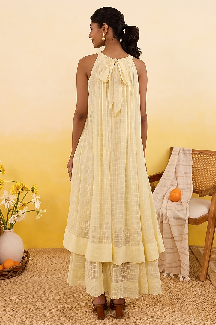 Soft Yellow Self-Textured Cotton Palm Embroidered Maxi Summer Dress by TARO at Pernia's Pop Up Shop