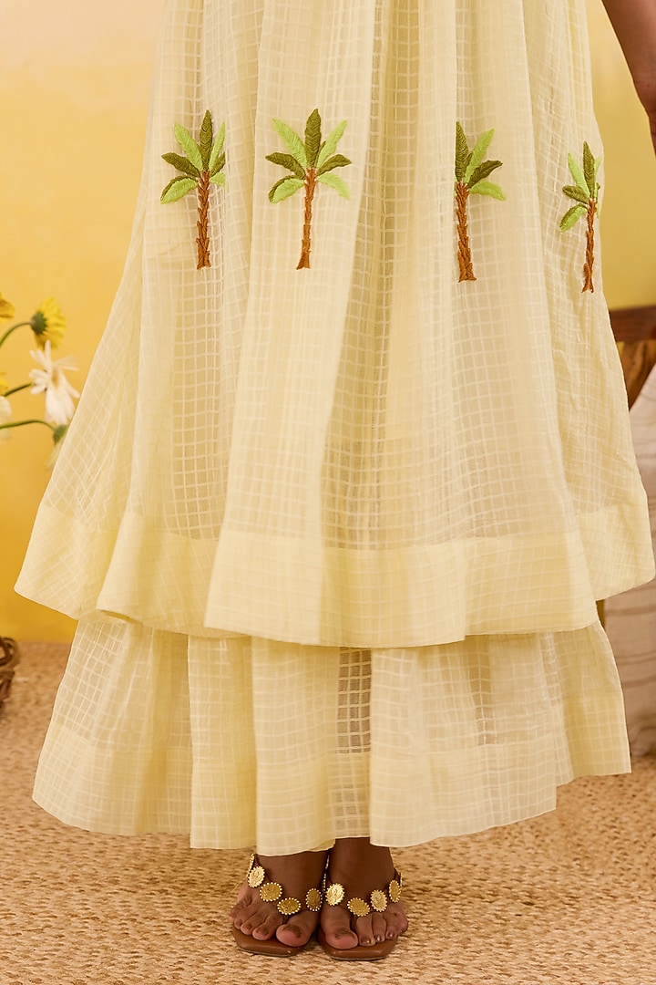 Soft Yellow Self-Textured Cotton Palm Embroidered Maxi Summer Dress by TARO at Pernia's Pop Up Shop