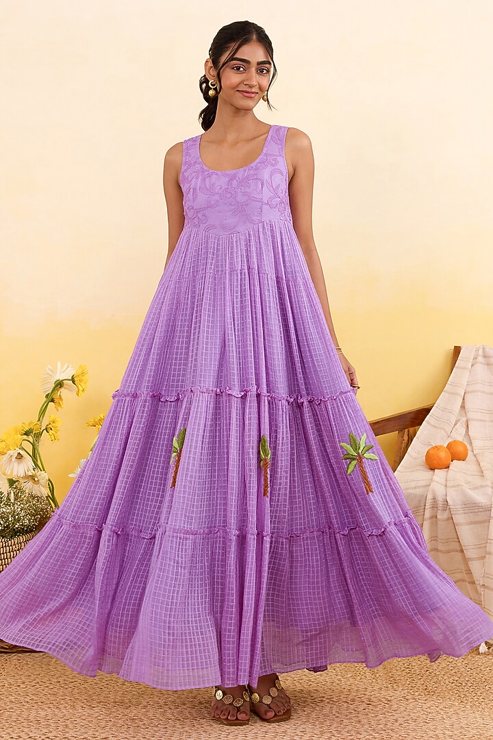 Lilac Self-Textured Cotton Palm Embroidered Tiered Maxi Summer Dress by TARO at Pernia's Pop Up Shop