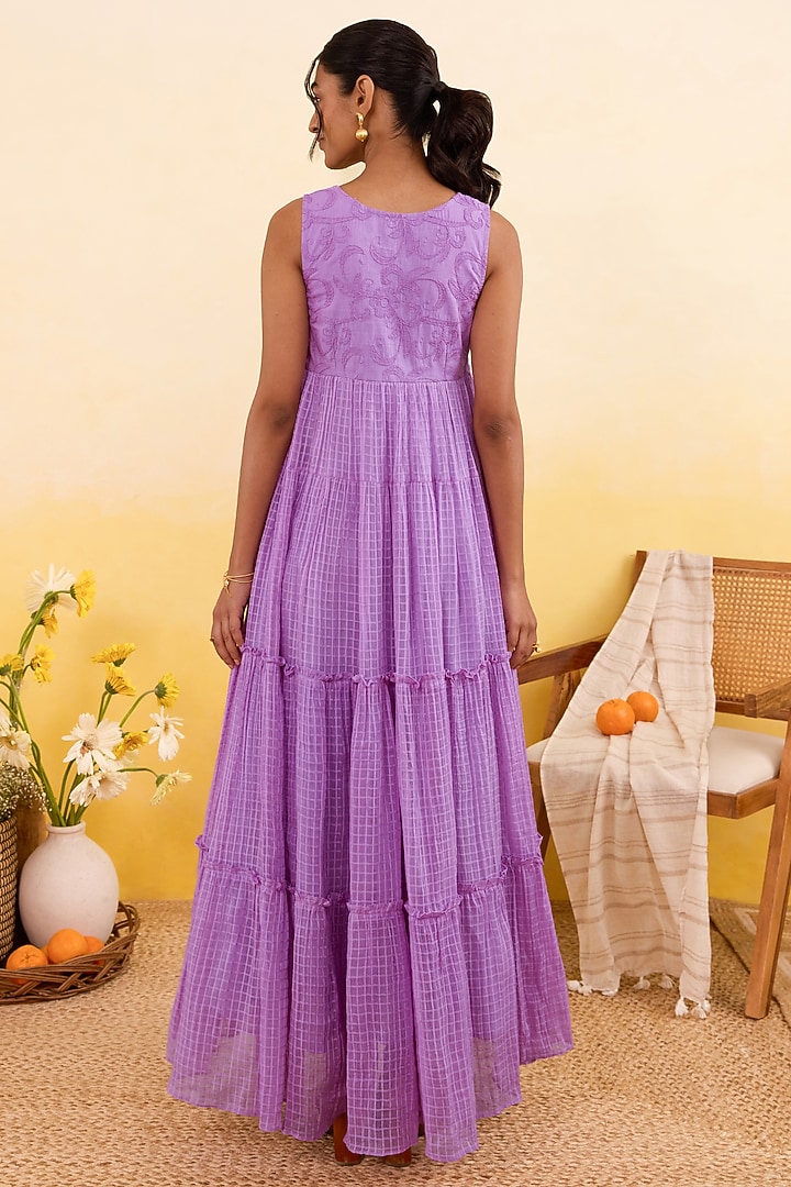 Lilac Self-Textured Cotton Palm Embroidered Tiered Maxi Summer Dress by TARO at Pernia's Pop Up Shop