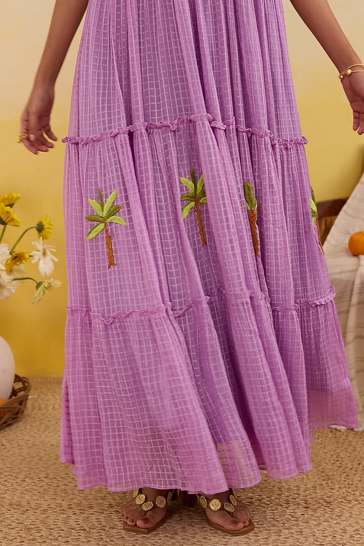Lilac Self-Textured Cotton Palm Embroidered Tiered Maxi Summer Dress by TARO at Pernia's Pop Up Shop