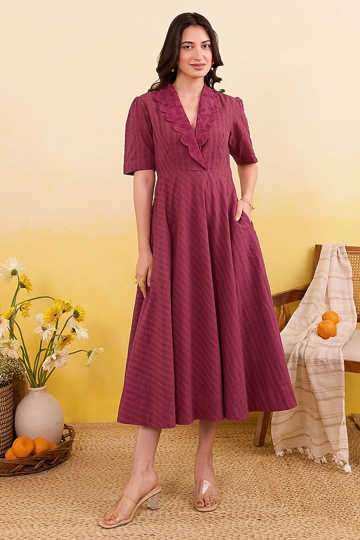 Berry Maroon Self-Textured Cotton Tonal Floral Embroidered Midi Summer Dress by TARO at Pernia's Pop Up Shop