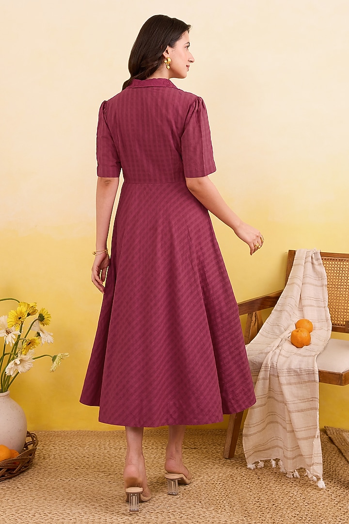 Berry Maroon Self-Textured Cotton Tonal Floral Embroidered Midi Summer Dress by TARO at Pernia's Pop Up Shop