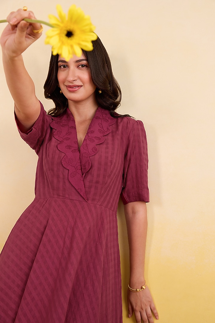 Berry Maroon Self-Textured Cotton Tonal Floral Embroidered Midi Summer Dress by TARO at Pernia's Pop Up Shop