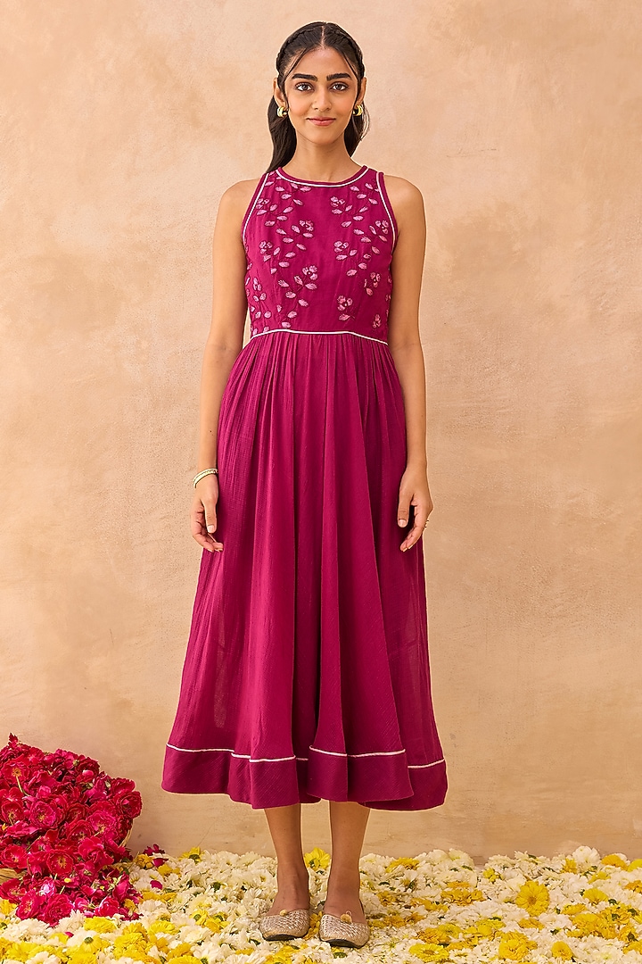 Berry Magenta Self-Textured Cotton Floral Embroidered Flared Summer Dress by TARO at Pernia's Pop Up Shop