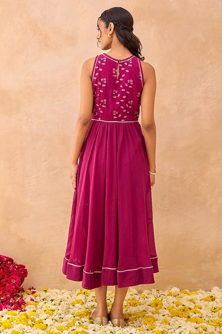 Berry Magenta Self-Textured Cotton Floral Embroidered Flared Summer Dress by TARO at Pernia's Pop Up Shop