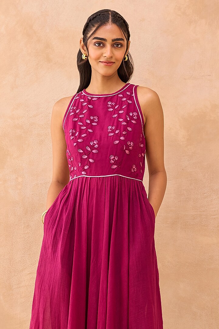 Berry Magenta Self-Textured Cotton Floral Embroidered Flared Summer Dress by TARO at Pernia's Pop Up Shop