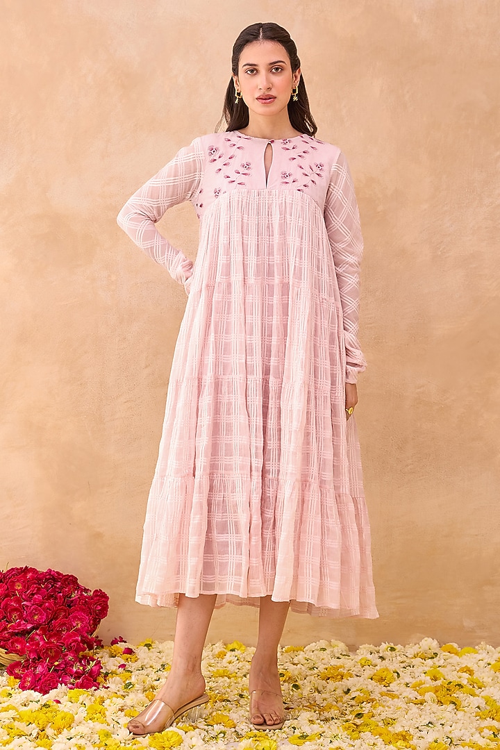 Soft Pink Self-Textured Cotton Floral Embroidered Midi Summer Dress by TARO at Pernia's Pop Up Shop