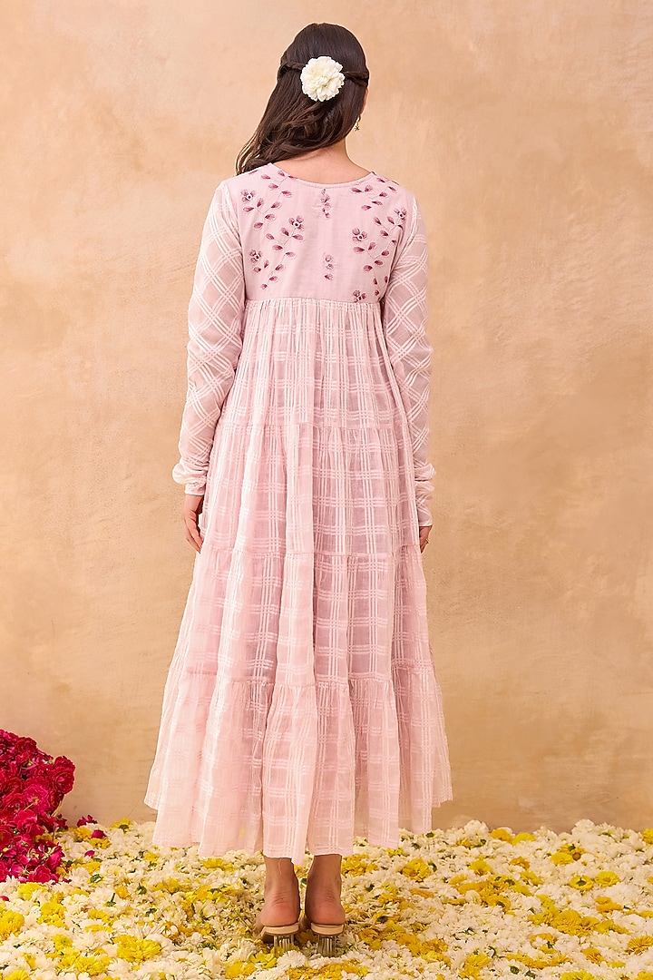 Soft Pink Self-Textured Cotton Floral Embroidered Midi Summer Dress by TARO at Pernia's Pop Up Shop