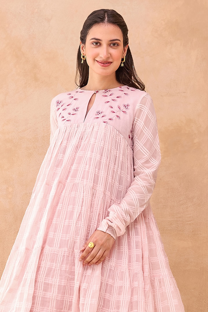 Soft Pink Self-Textured Cotton Floral Embroidered Midi Summer Dress by TARO at Pernia's Pop Up Shop