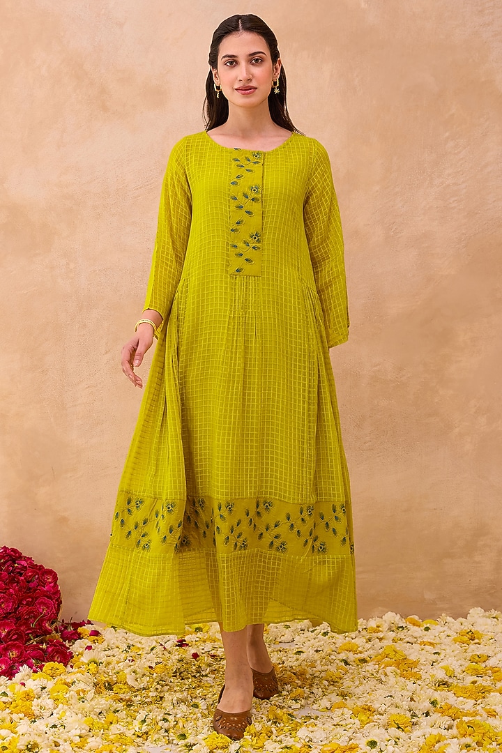 Yellow Self-Textured Cotton Floral Embroidered Midi Summer Dress by TARO at Pernia's Pop Up Shop