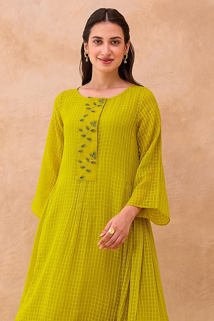 Yellow Self-Textured Cotton Floral Embroidered Midi Summer Dress by TARO at Pernia's Pop Up Shop