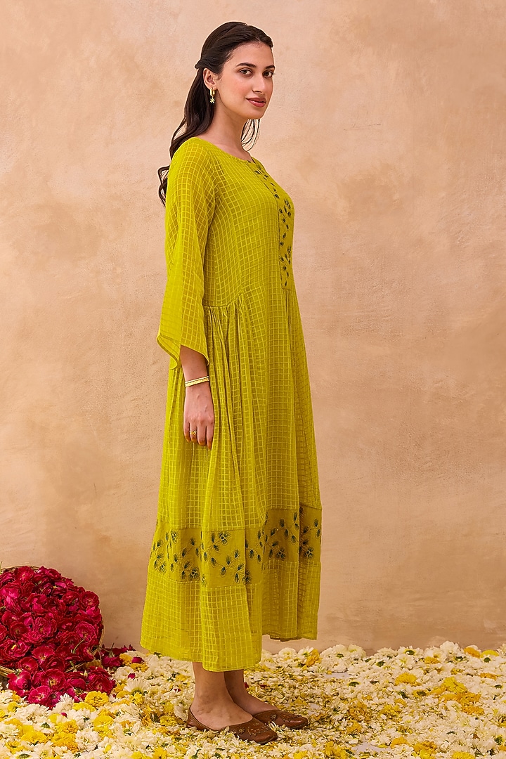 Yellow Self-Textured Cotton Floral Embroidered Midi Summer Dress by TARO at Pernia's Pop Up Shop