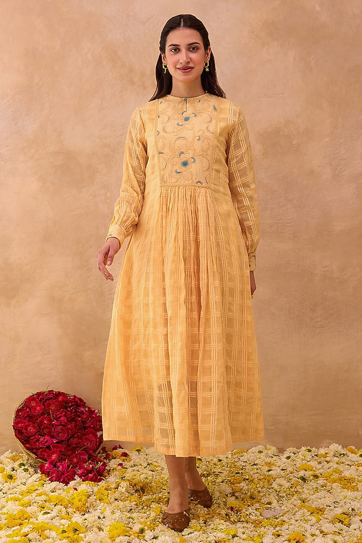 Marigold Yellow Self-Textured Cotton Floral Embroidered Midi Summer Dress by TARO at Pernia's Pop Up Shop