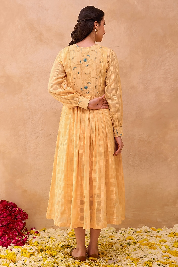 Marigold Yellow Self-Textured Cotton Floral Embroidered Midi Summer Dress by TARO at Pernia's Pop Up Shop