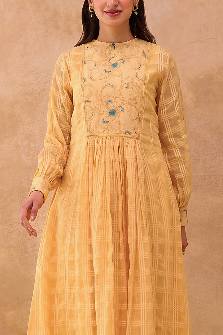 Marigold Yellow Self-Textured Cotton Floral Embroidered Midi Summer Dress by TARO at Pernia's Pop Up Shop