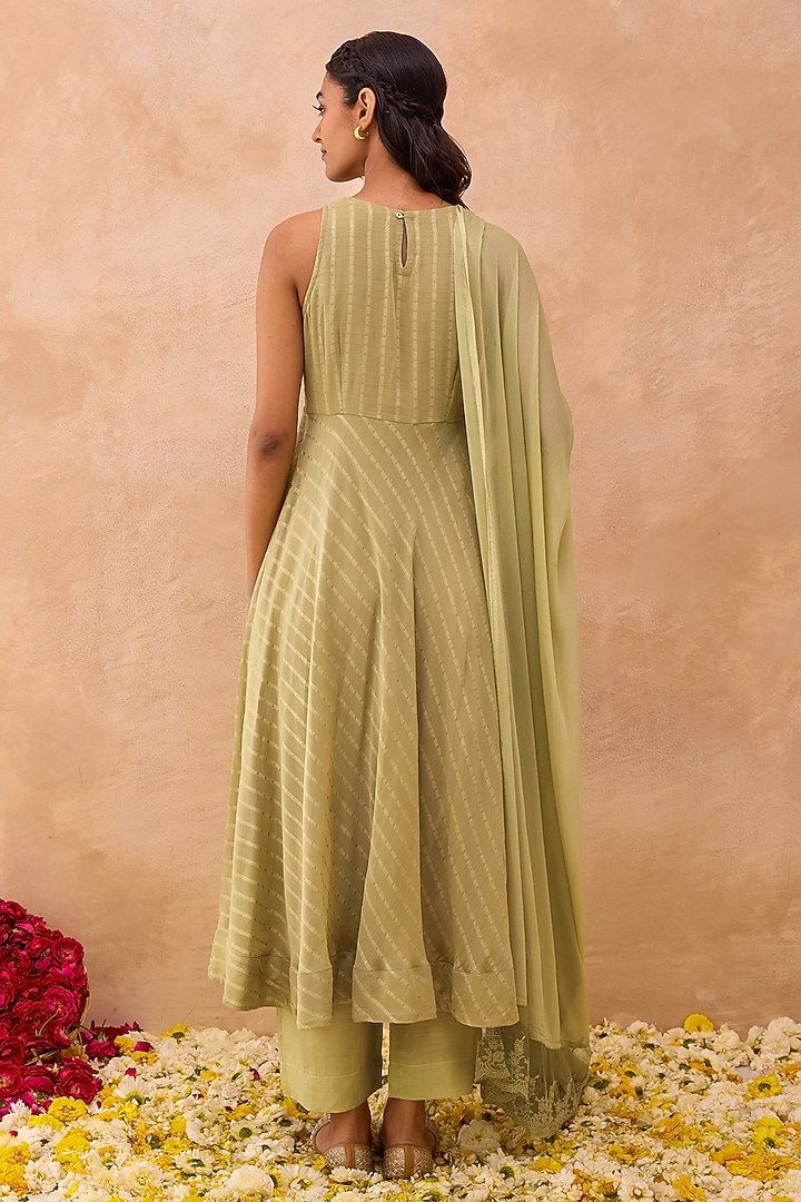 Olive Green Georgette Blend Flared Kurta Set by TARO at Pernia's Pop Up Shop