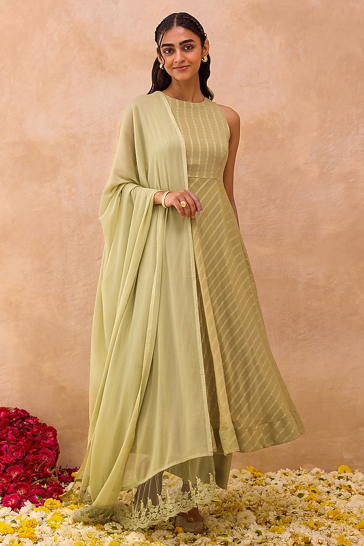 Olive Green Georgette Blend Flared Kurta Set by TARO at Pernia's Pop Up Shop