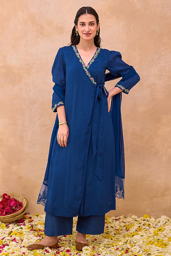 Deep Blue Crepe Silk Floral Embroidered Angrakha Kurta Set by TARO at Pernia's Pop Up Shop