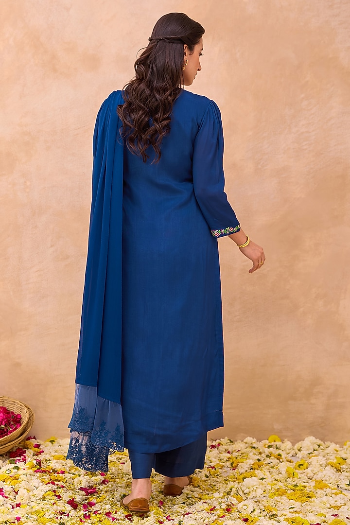 Deep Blue Crepe Silk Floral Embroidered Angrakha Kurta Set by TARO at Pernia's Pop Up Shop