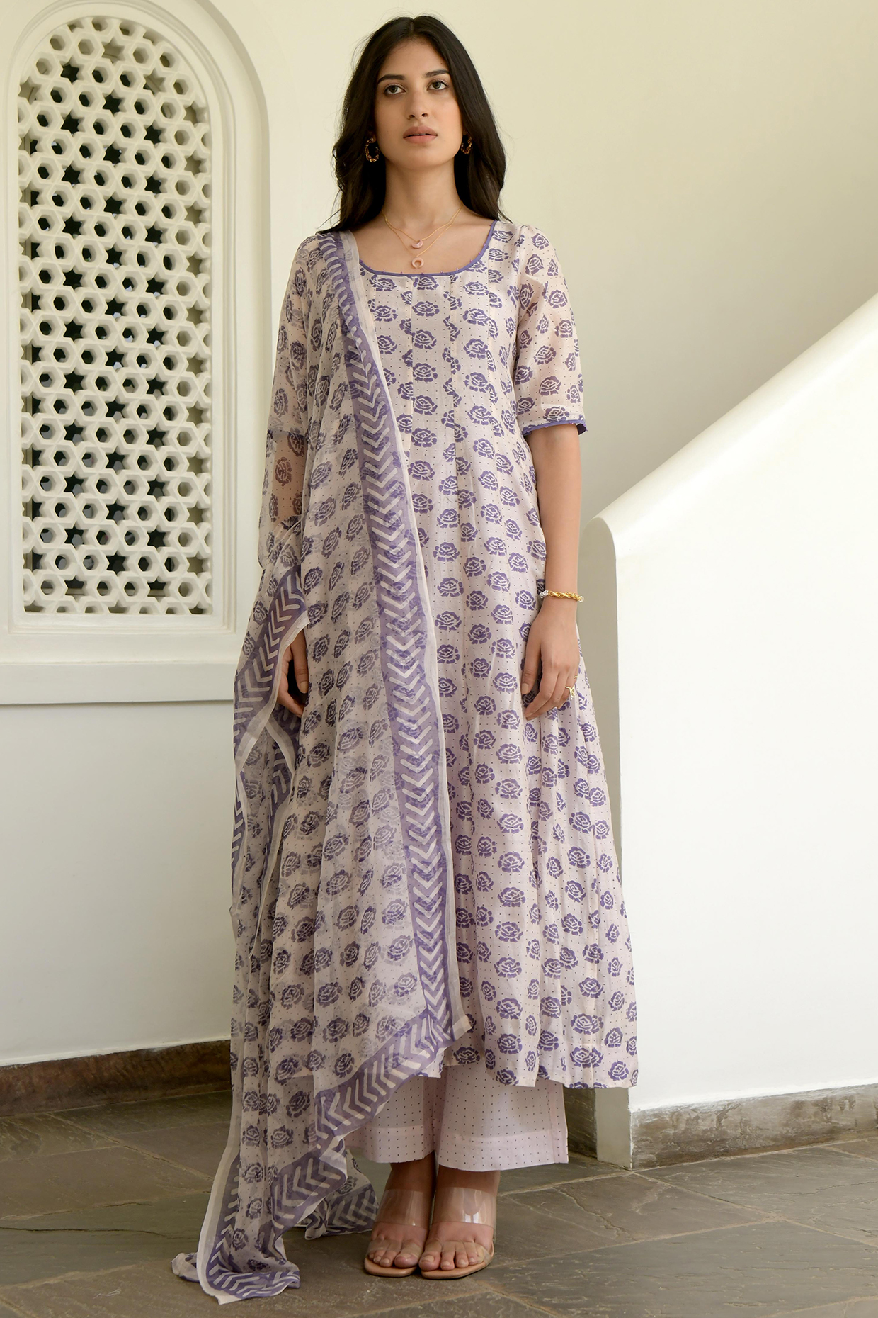Plum Carnation Hand Block Printed Kurta Set by TARO at Pernia's Pop Up Shop