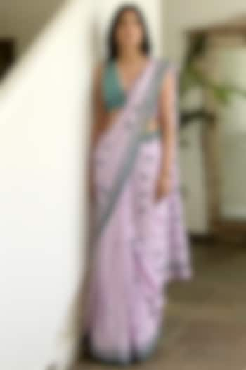 Lavender & Pastel Green Hand Block Printed Saree Set by TARO at Pernia's Pop Up Shop