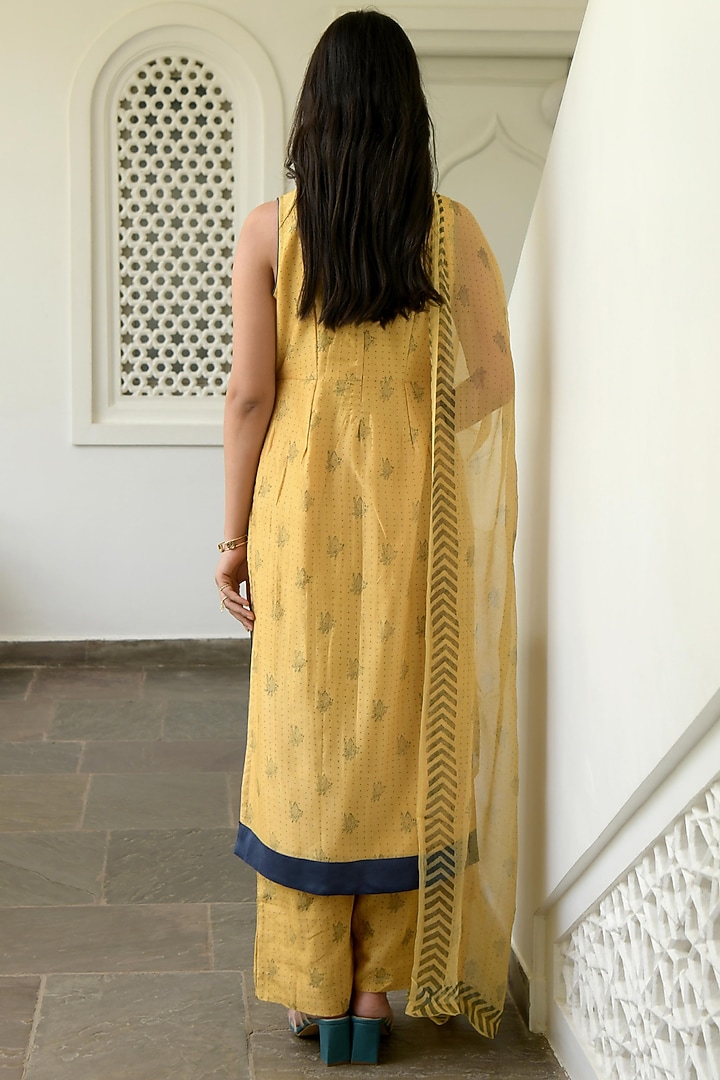 Mustard & Cornflower Hand Block Printed Kurta Set by TARO at Pernia's Pop Up Shop