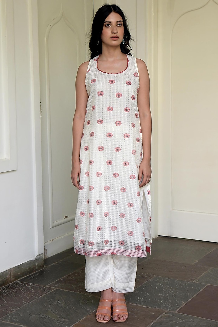 White Coral Hand Block Printed Kurta by TARO at Pernia's Pop Up Shop