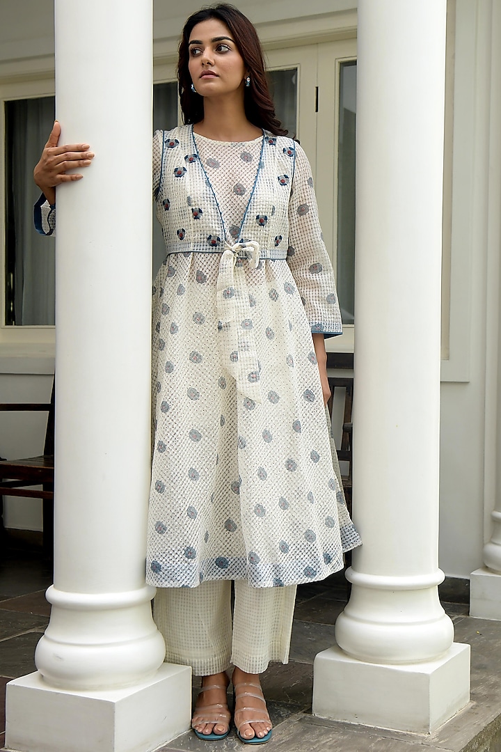 White Orchid Hand Block Printed Dress With Jacket by TARO at Pernia's Pop Up Shop