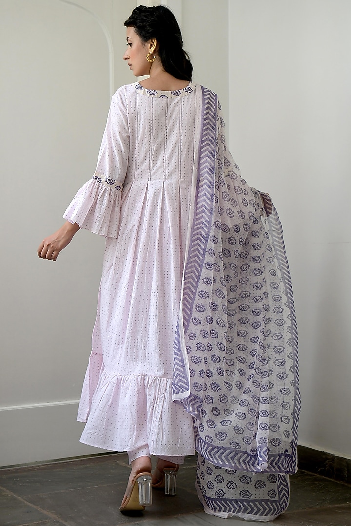 Rosy Flamingo & Purple Hand Block Printed Kurta Set by TARO at Pernia's Pop Up Shop