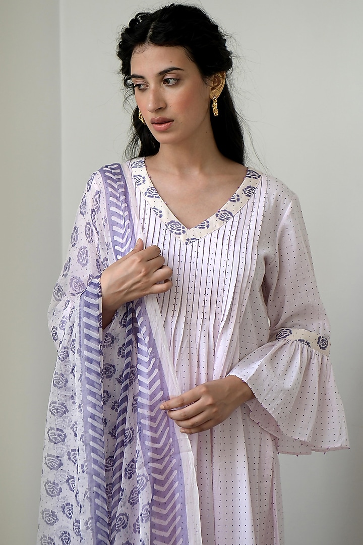 Rosy Flamingo & Purple Hand Block Printed Kurta Set by TARO at Pernia's Pop Up Shop