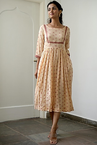 Peach & Salmon Pink Hand Block Printed Dress by TARO
