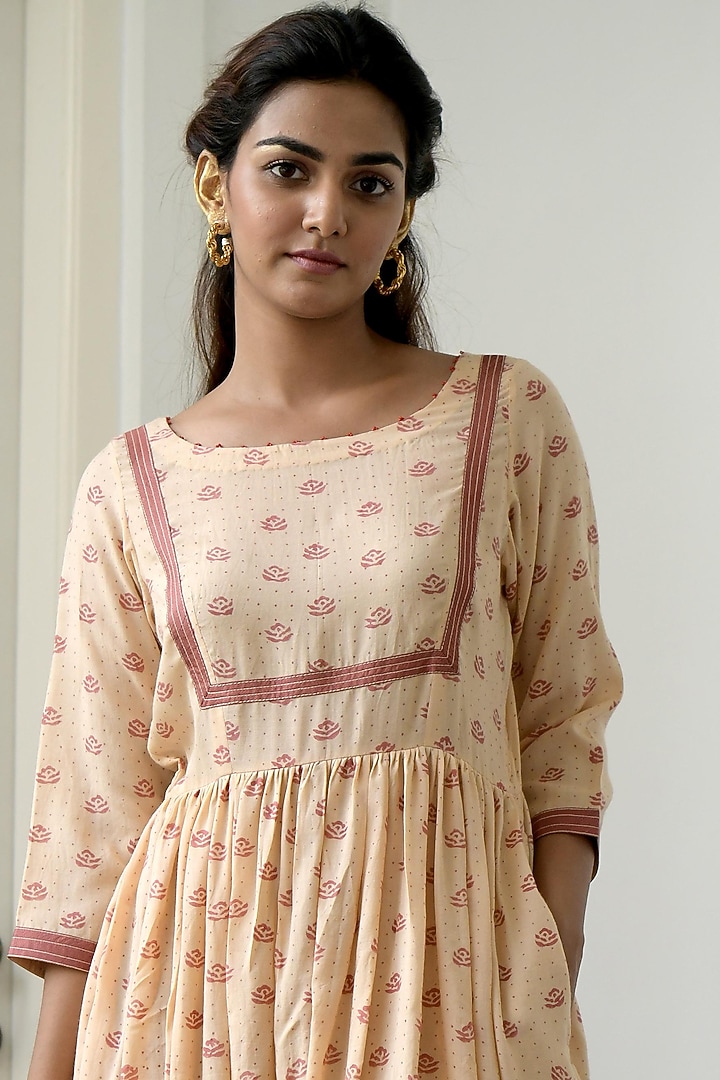 Peach & Salmon Pink Hand Block Printed Summer Dress by TARO at Pernia's Pop Up Shop